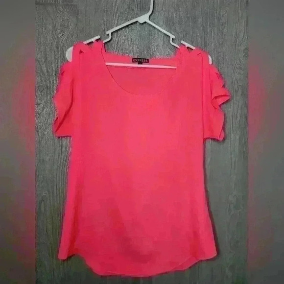 Express Neon pink lattice sleeve blouse. Size small. 100% polyester. - Picture 1 of 5